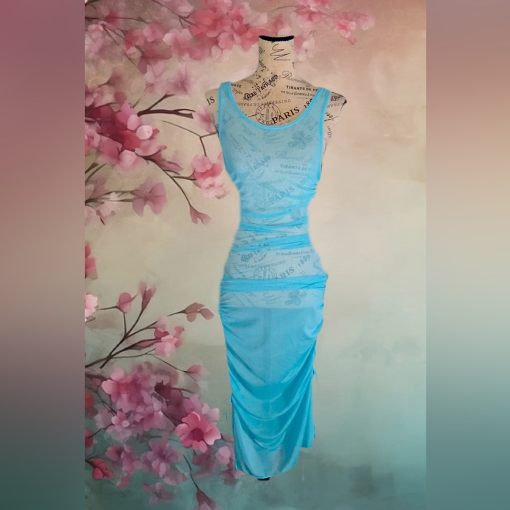 BECCA Blue Sheer Sleeveless Ruched Midi Dress